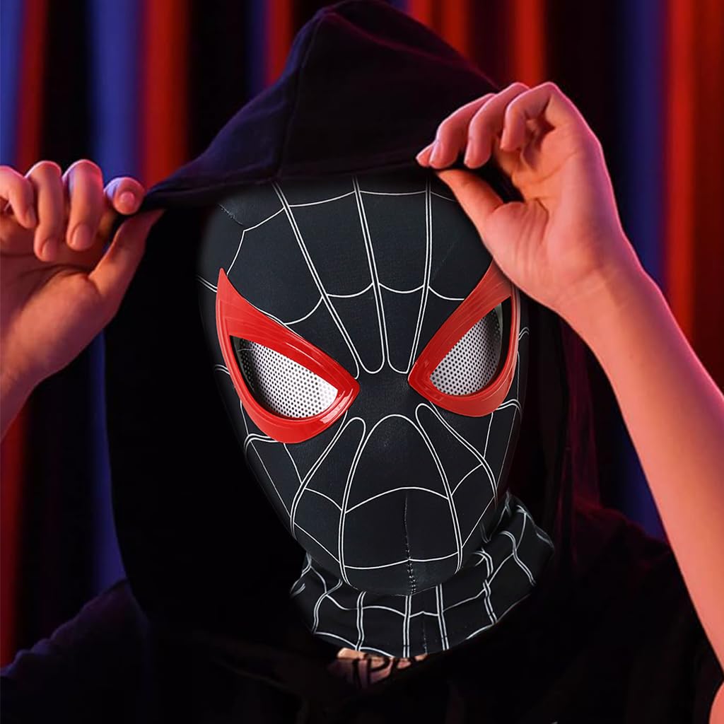 FANCYKU Miles Morales Head Cover with Moving Eyelid 3D Realistic Super Hero Face Cover for Kids & Adult Jaw Motion Activated Blinking Eyelid Black Costume Head Cover for Cosplay Party