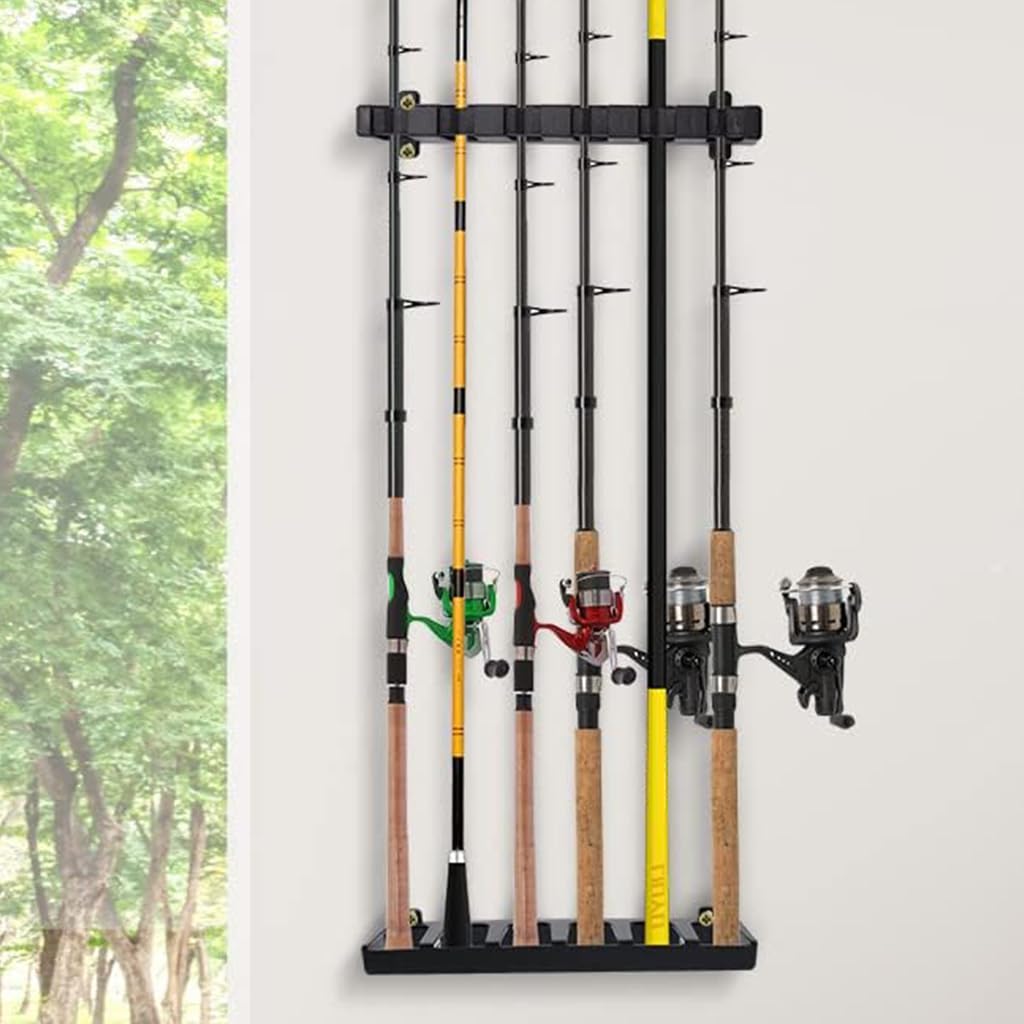 Proberos Wall Mounted Fishing Rod Holder EVA Foam Grips Universal Fishing Rod Holder with 6 Slots Deluxe Fishing Rod Rack for Casting Rod, Telescopic Rods