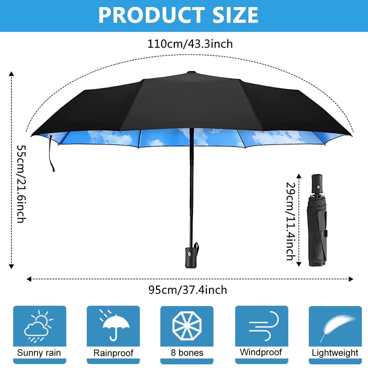 PALAY Automatic Folding Travel Umbrella Windproof Strong 8 Ribs UV Protection Black Compact Umbrella for Women, Lightweight 3-fold Umbrella with Polyester Coating for Travel (Sky)