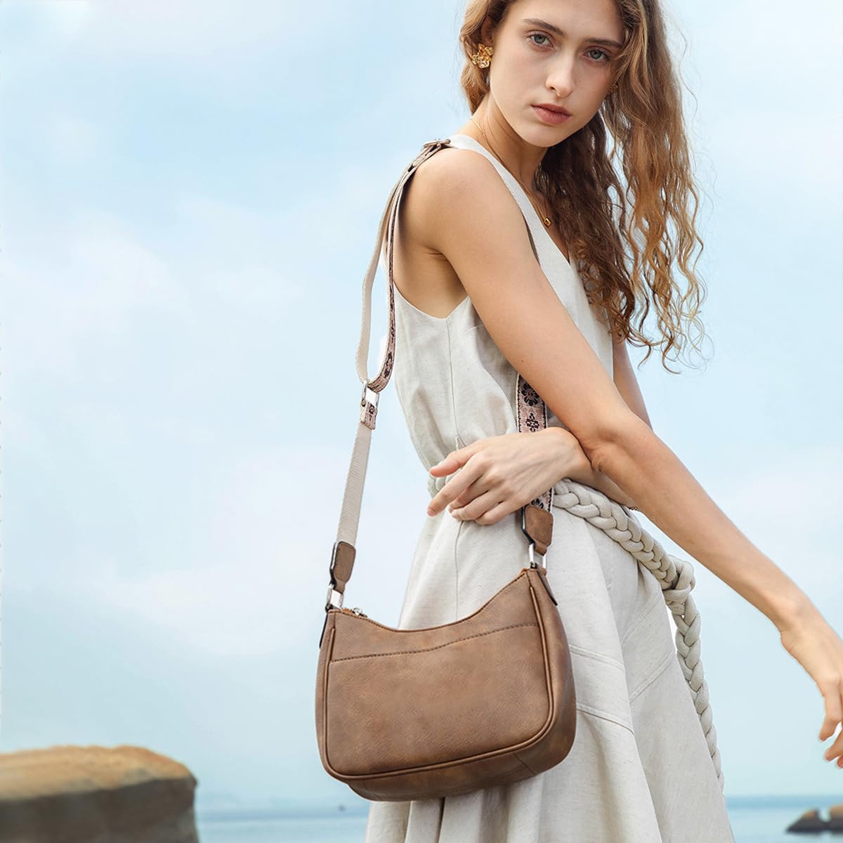 PALAY Women Satchel Bag Fashion PU Solid Brown Crossbody Bag Sling Bag Shoulder Bag with Woven Embossed Shoulder Strap Casual Daily Satchel Bag