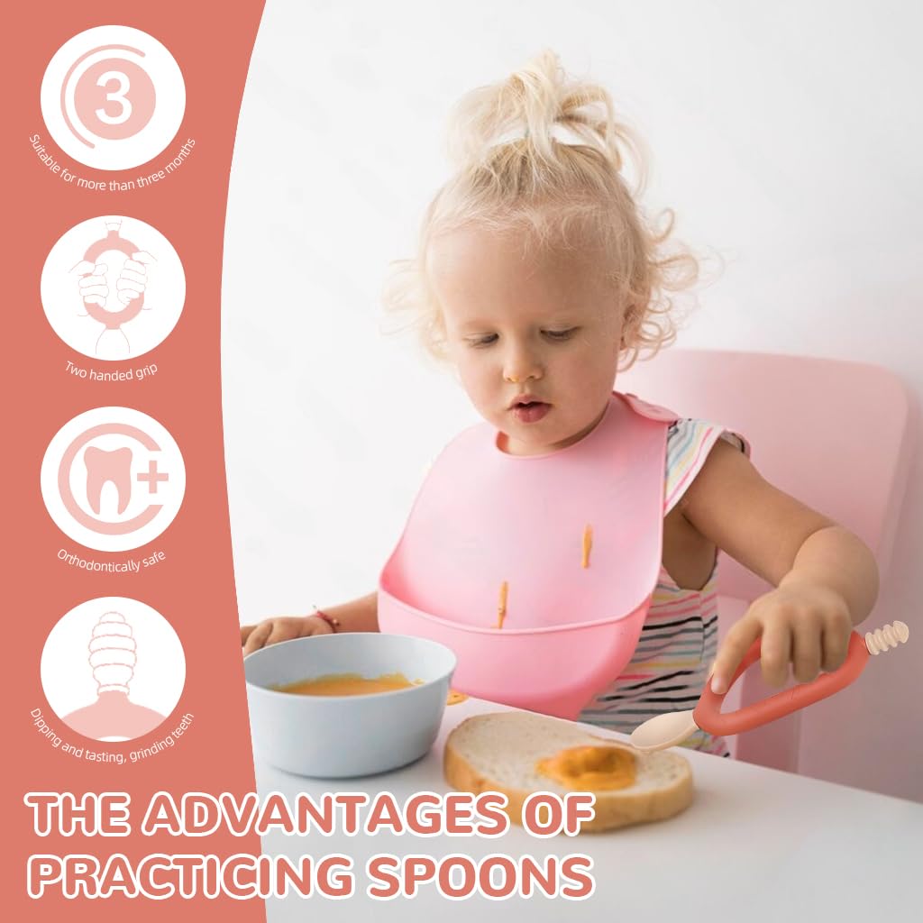 SNOWIE SOFT Baby Spoon 2 in 1 Baby Spoon Teether Spoon Feeding Spoon Innovative Loop Grip Self-feeding Spoon Food Grade BPA Free Soft Silicone Spoon Heat Resistant Baby Spoon for 6 Month+, Pink
