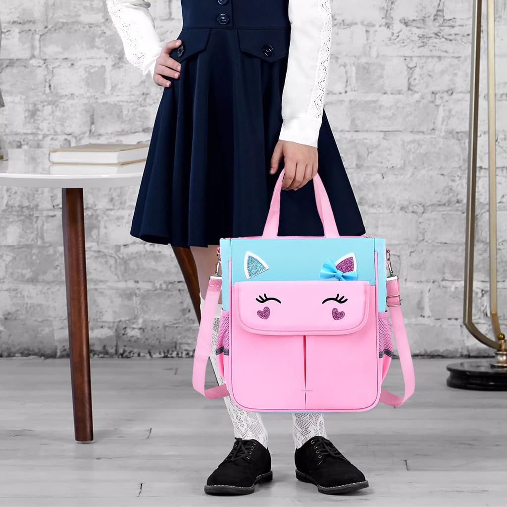 PALAY Girls School Bag 2 in 1 Book Bag Handbag with Shoulder Belt Pink Unicorn Book Bag for Schoolgirls Book Tote Bag Large Crossbody Book Bag School Gift Daily Item Handbag for Girls 6-12 Years Old