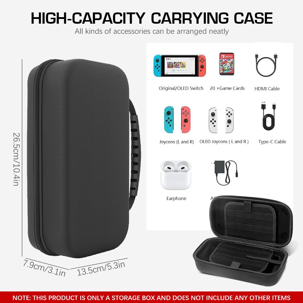 ZORBES Travel Bag for Switch/Switch OLED, EVA Hard Shell Travel Bag with Handle 20 Game Cassette Slots Design Accessories Bag for Game Pad, Joycon Controller, Charger & Cable, Earphones, Only Case