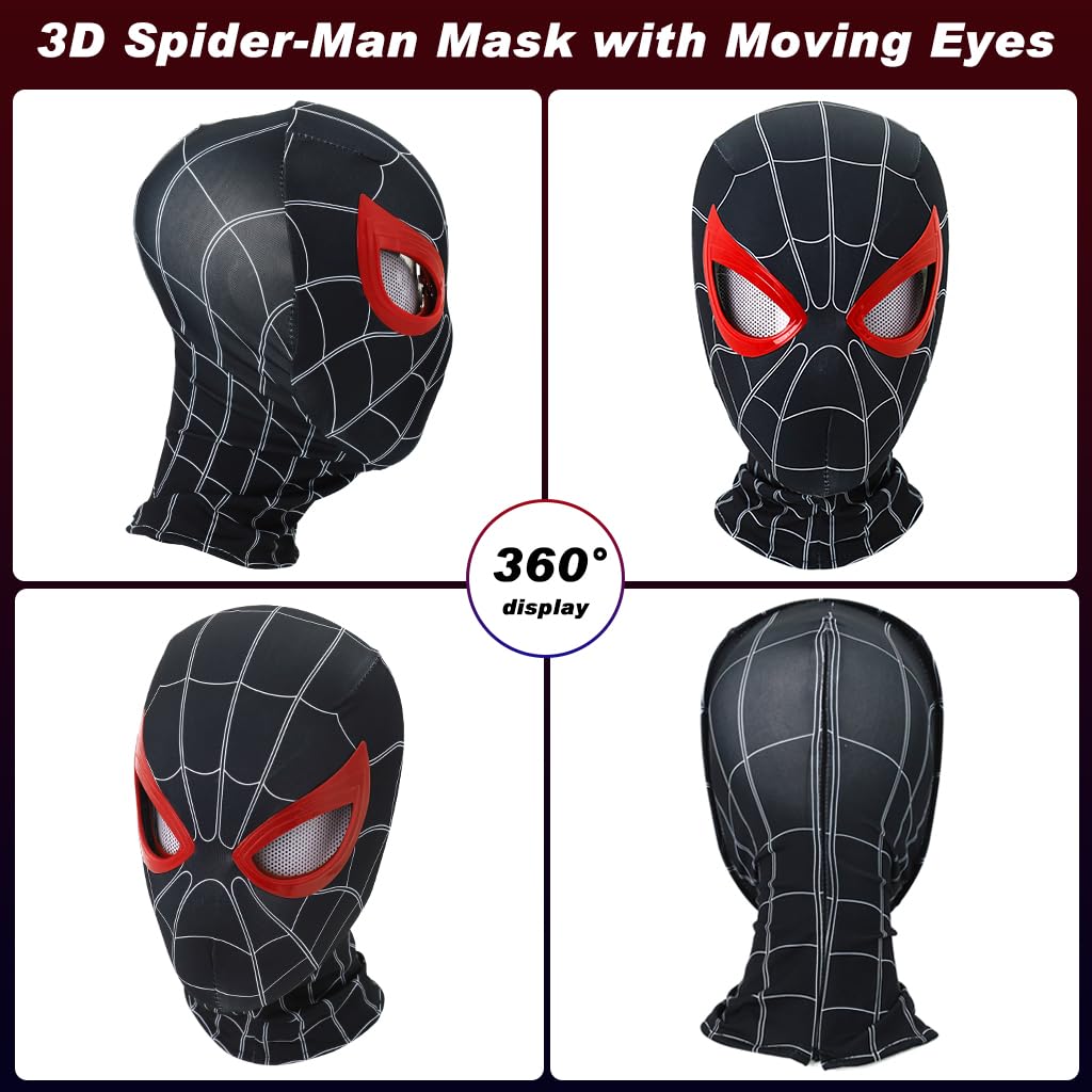 FANCYKU Miles Morales Head Cover with Moving Eyelid 3D Realistic Super Hero Face Cover for Kids & Adult Jaw Motion Activated Blinking Eyelid Black Costume Head Cover for Cosplay Party
