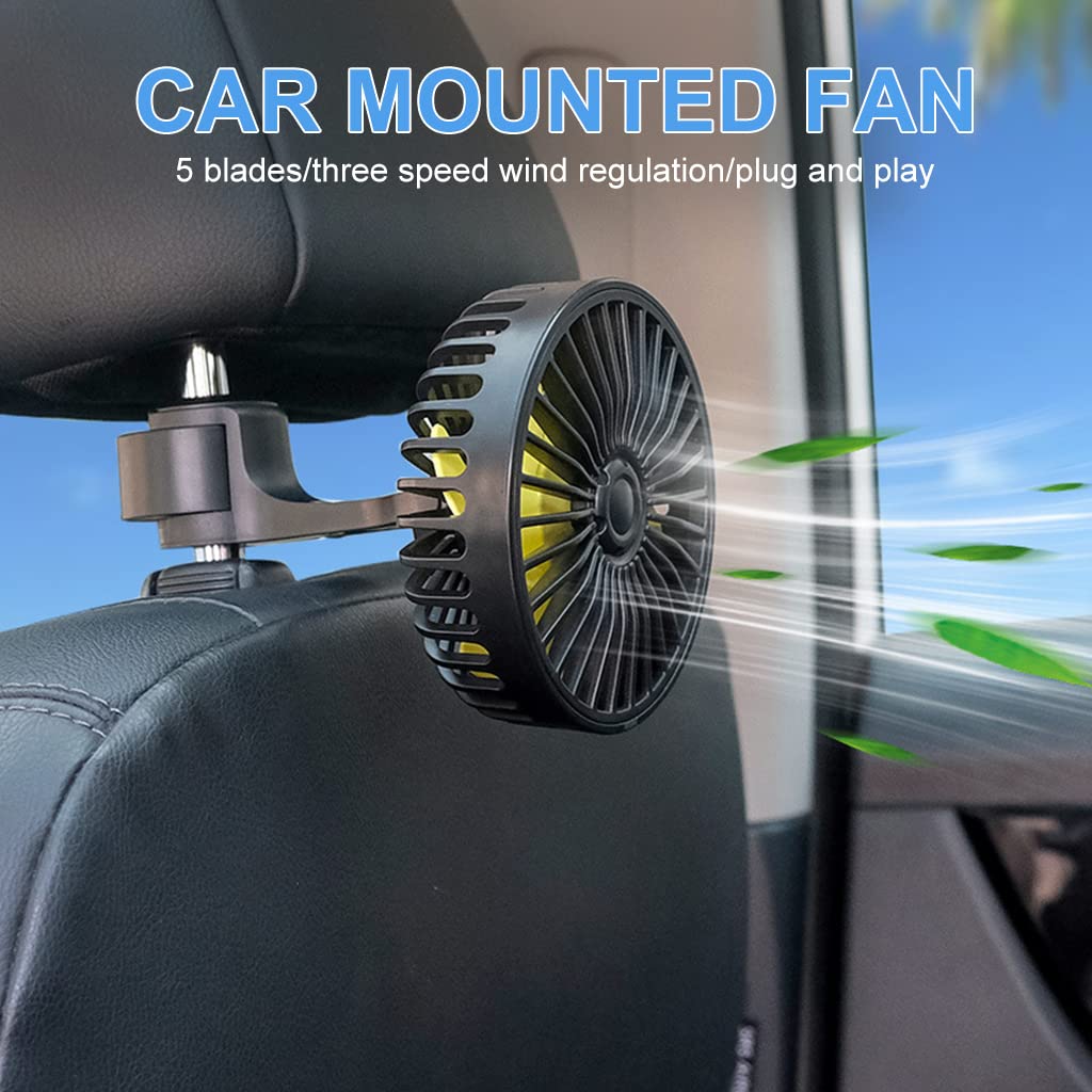 Verilux USB Fan for Car Back Seat, Headrest Mounted 5V USB Mini Fan with 3 Speed, Rotatable USB Fan with USB Cable, Switch Controller, USB fan for Baby, Back Seat Passengers, Plug and Play
