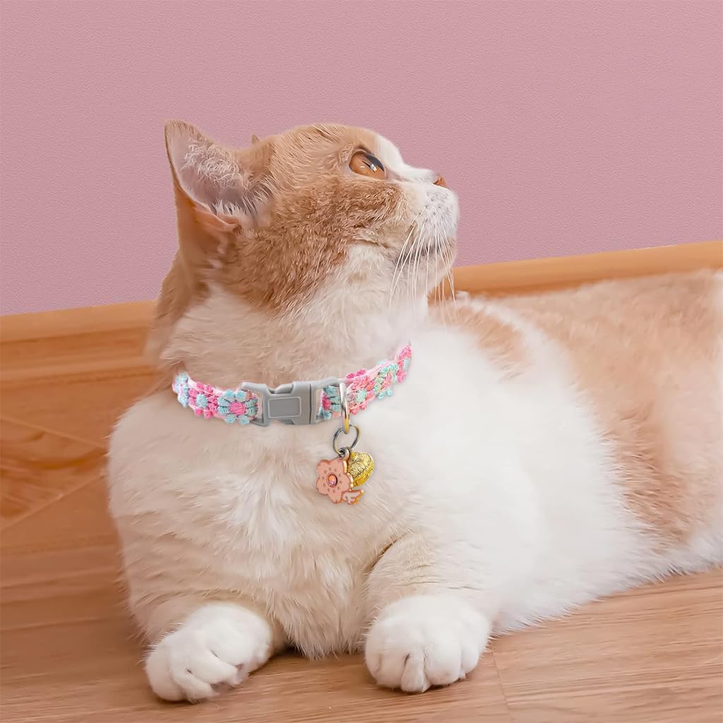 Qpets Floral Cat Collar, Cute Color Flower Cat Collar with Bell, Embroidery Handmade Sakura Charm Adjustable Quick Release Small Pet Collar