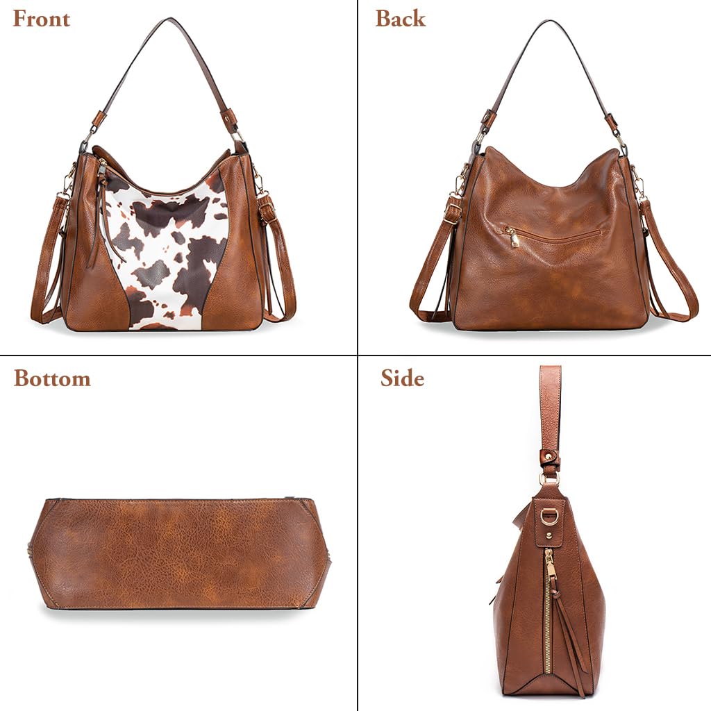 PALAY Fashion Shoulder Bag Tote Bag Women Crossbody Bag Hand Bag Vintage Spot Print Patch Tote Bag Brown Soft PU Leather Shoulder Bag Large Casual Bag Day Bag Travel Shoulder Bag, 31x13x29cm