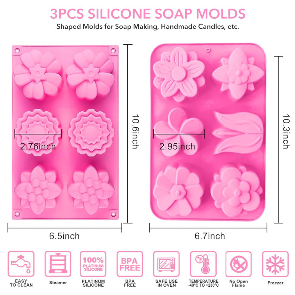 HASTHIP 3Pcs Silicone Soap Molds, 6 Styles Flowers Soap Mold with Different Flower Shapes, Flower Shaped Molds for Soap Making, Handmade Candles, Resin Art