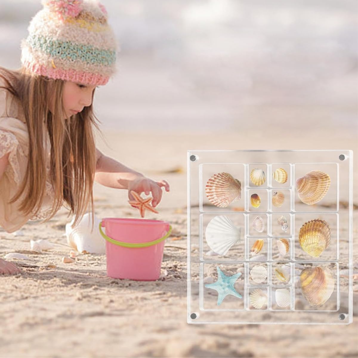 HASTHIP Acrylic Seashell Display Box, 18 Grids Seashell Storage Box Decorative Box for Seashell Starfish Trinket, Small Craft Organizers Display Case for Bead, Nail, Jewelry, 5.6x5.6in