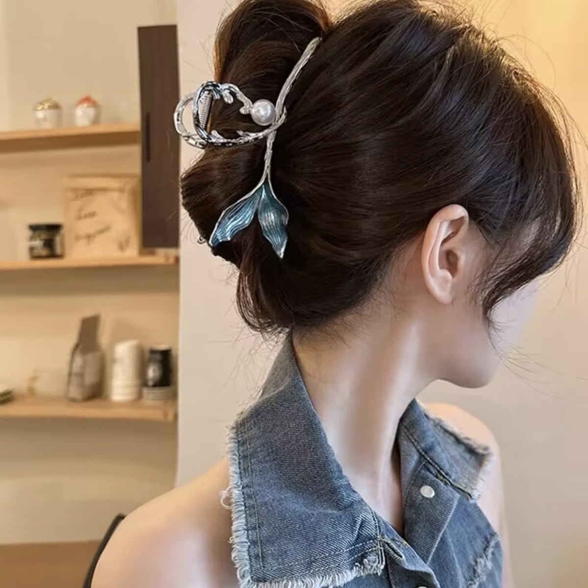 PALAY Hair Claw Clip for Women Stylish Large Mermaid Pearl Hair Clutches Women Non-Slip Metal Hair Jaw Clips Strong Hold Bun Hair Accessories - Silver