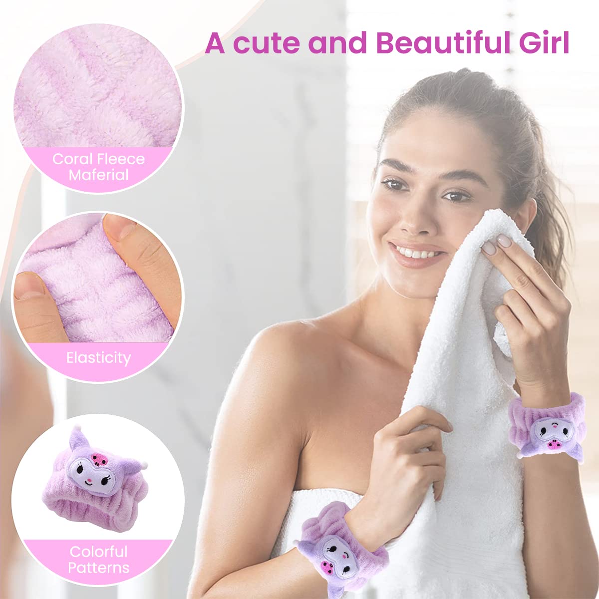 MAYCREATE Spa Wrist Band for Face Wash, Cute Cartoon Wristbands Wrist Towels for Washing Face, Microfiber Absorbent Wrist Sweat Bands for Women Girls Kids (Purple, 1 Pair)