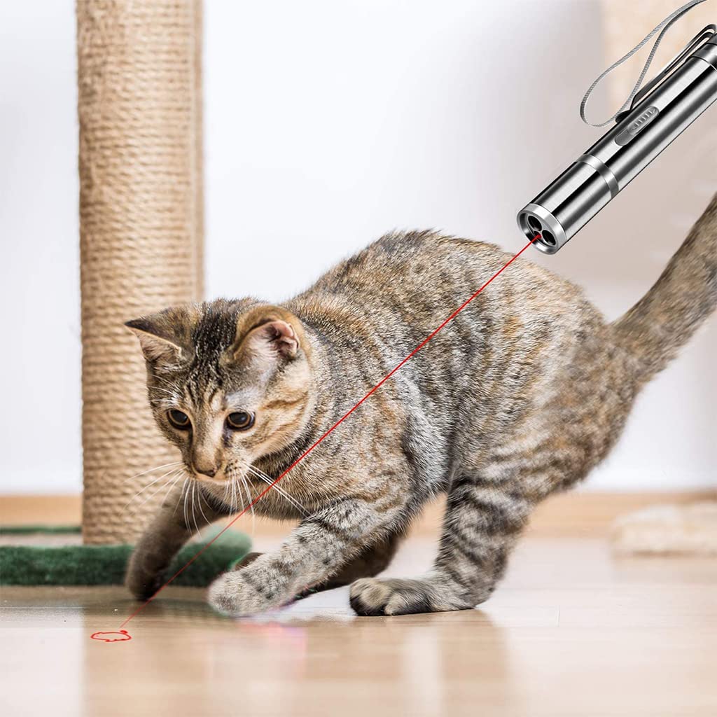 Qpets Cat Chasing Toy,USB LED Laser Pointer for Chasing Interactive Cat Toys 4 in 1 LED Laser Pen Checking Cat Skin/White Light Illumination/5 Patterns