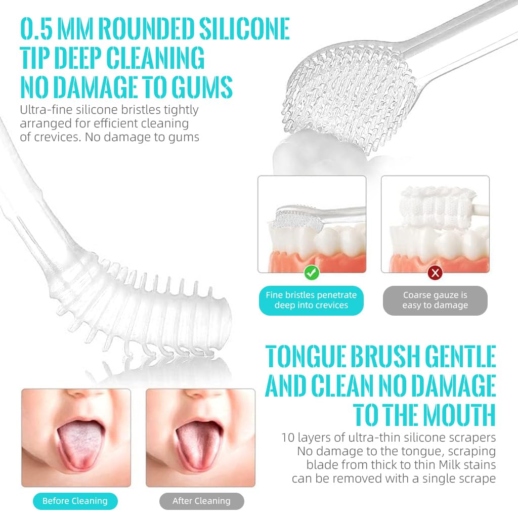 SNOWIE SOFT Baby Oral Cleaning Brush 2Pcs Baby Toothbrush Tongue Brush BPA Free Soft Silicone Bristle Oral Care Toothbrush for Baby 6 Month to 24 Months, Blue