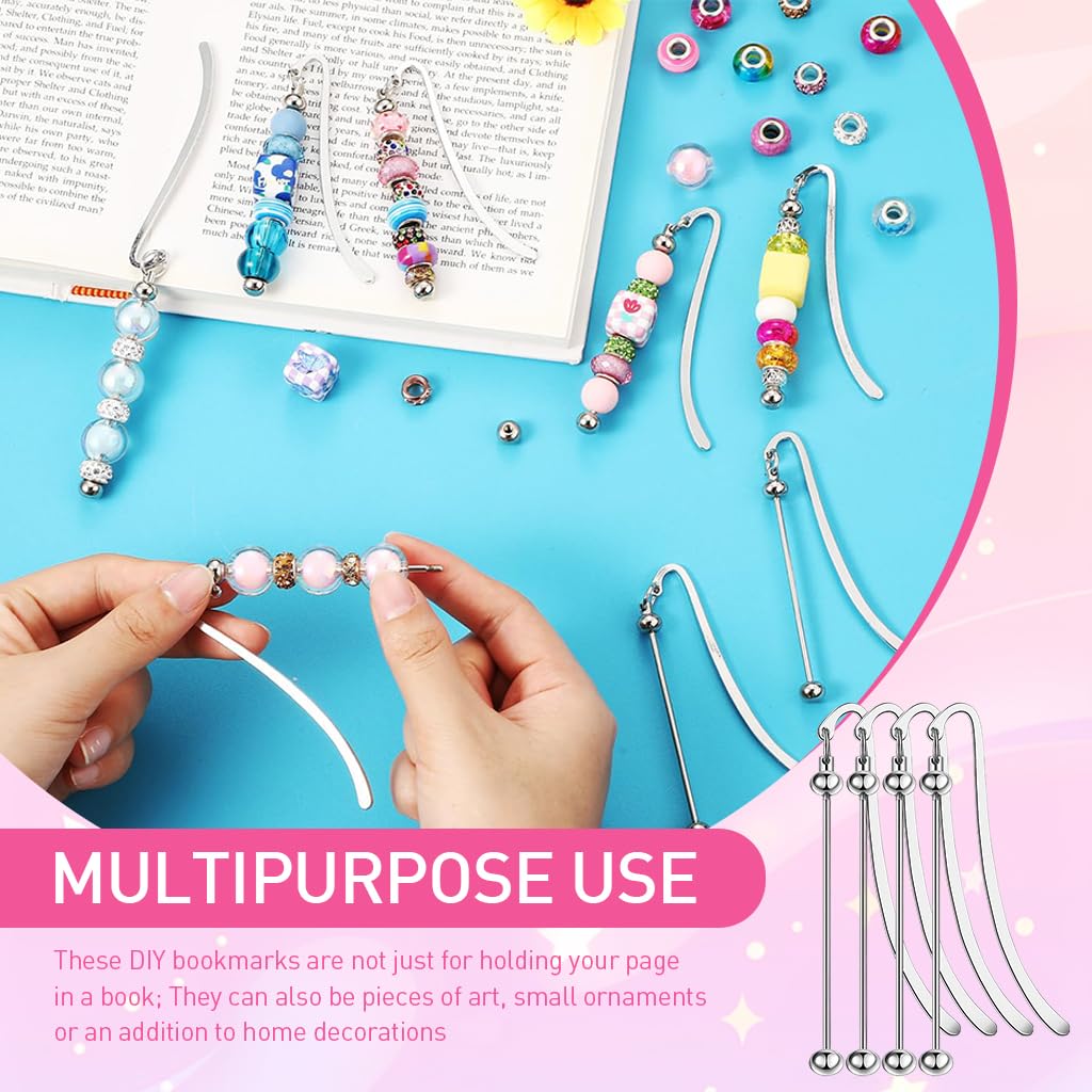 HASTHIP 4 Pcs Beadable Bookmarks DIY Metal Blank Bar Bookmark for Beads Modern Beaded Bookmark Craft Jewelry Pendant Charm Gift for Book Lovers Student Teacher Office Supplies (Silver)