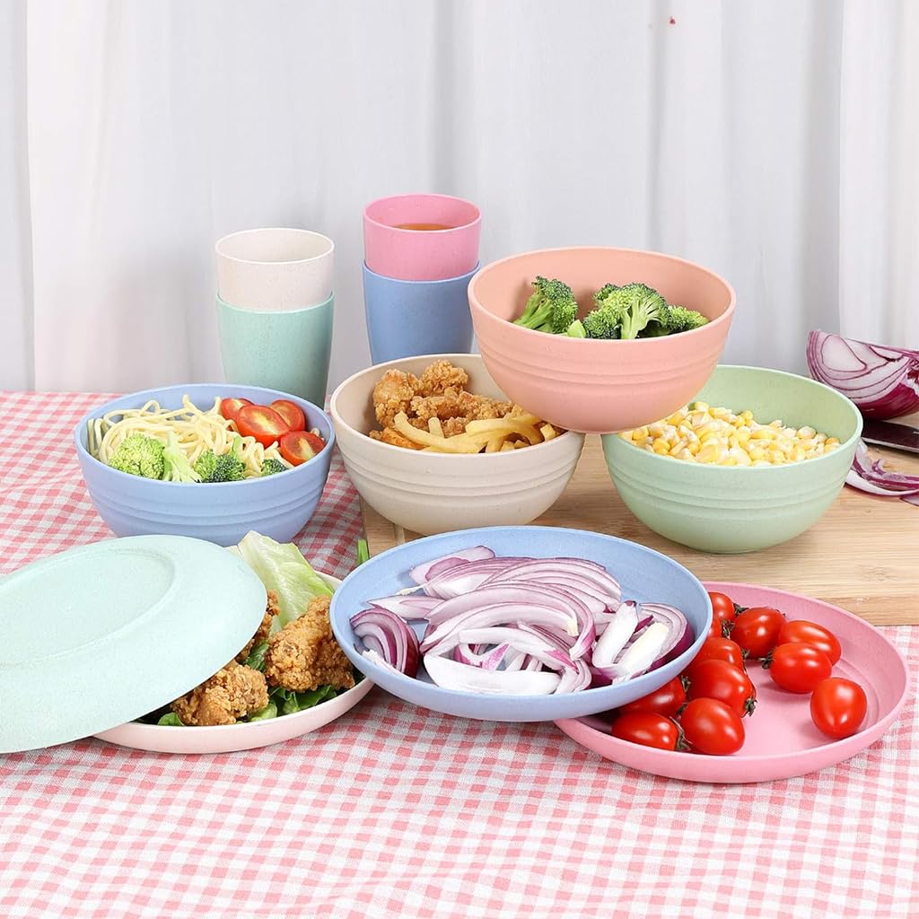 HASTHIP® 16 Piece Wheat Straw Dinnerware Sets of 4, Kitchen Plates and Bowls Sets, Unbreakable Plastic Dish Set for Camping, Dishwasher Microwave Safe