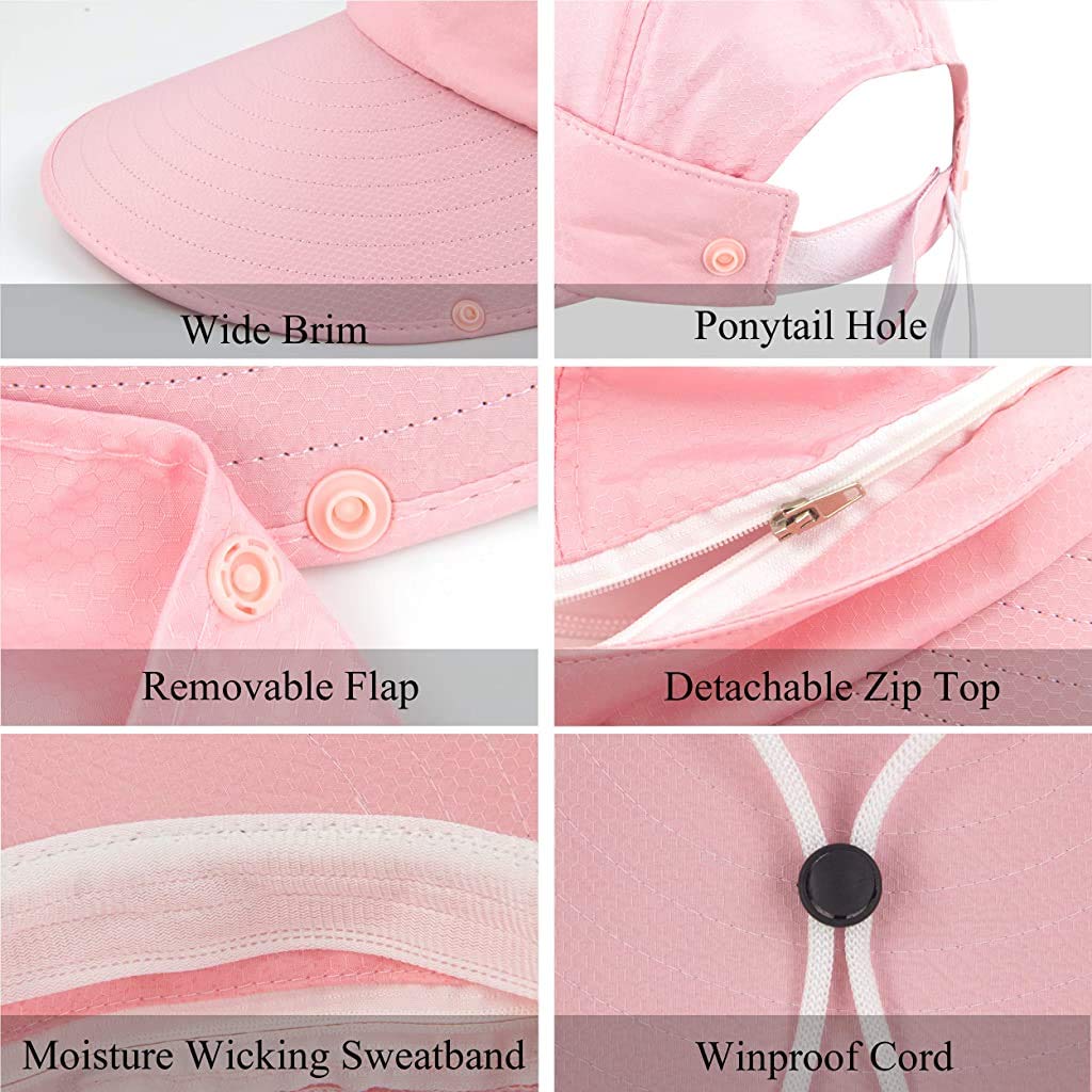 GUSTAVE® Women Sun Protection Bucket Hat UPF 50 Plus Wide Brim 5.5 Inch Beach with Removable Neck Flap Breathable Face Ponytail Opening Adjustable Fit Lightweight Quick Dry Detachable Crown 2 PCS