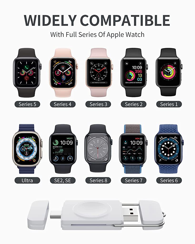 ZORBES Wireless Watch Charger for Apple Watch, 2 in 1 USB A/USB C Portable Charger Plug and Go Wireless Charger for Apple Watch Series Ultra 8 7 SE 6 5 4 3 2 1, White