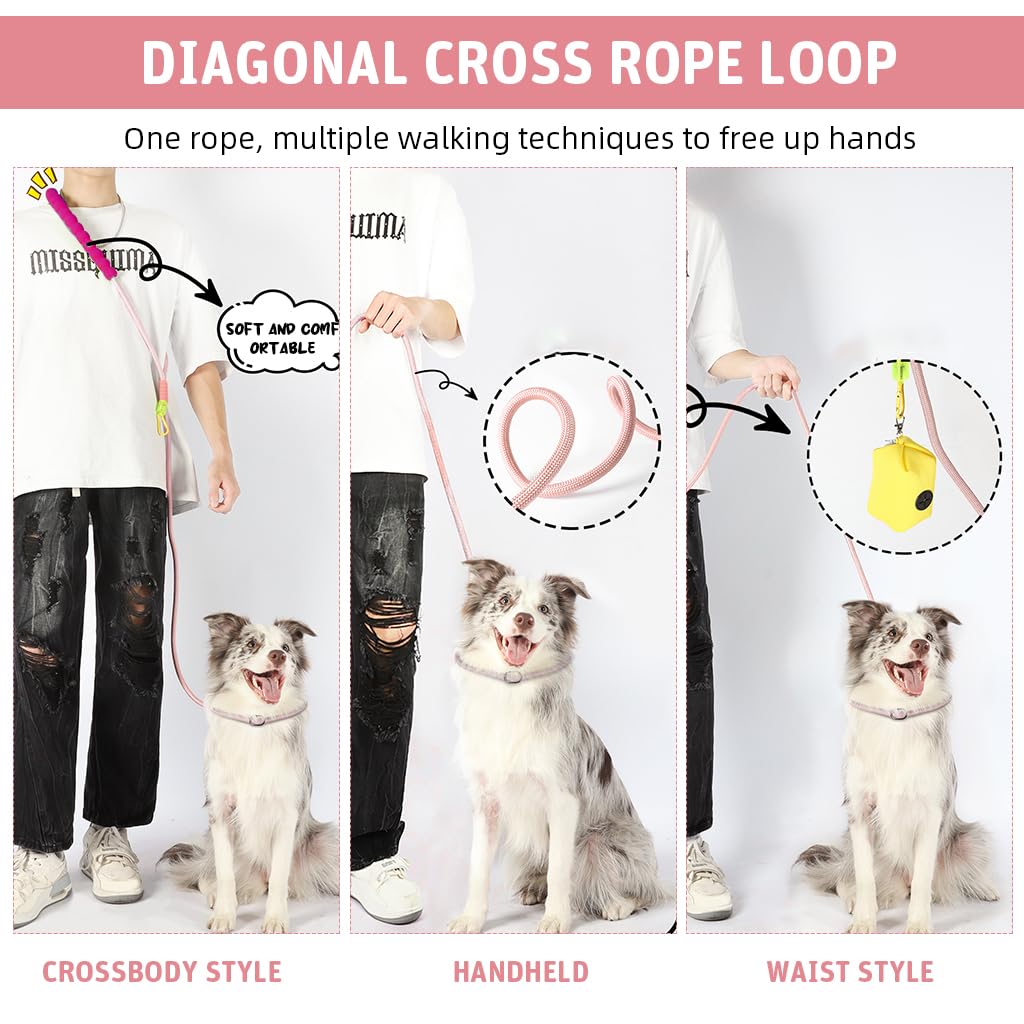 Qpets 5ft Dog Leash with 360 Degree Swiveling Alloy Attachment Buckle Nylon Woven Dog Leash No Pull Dog Leash with Soft Padded Handle & Extra Attaching Carabiner, Pink