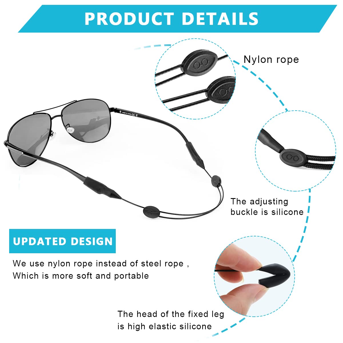HASTHIP 3pcs Adjustable Eyeglasses Straps, Anti-Slip No Tail Glasses Strap Retainer, Sports Sunglasses Strap, Silicone Eyewear String Holder Chain for Women Men Boy Girl