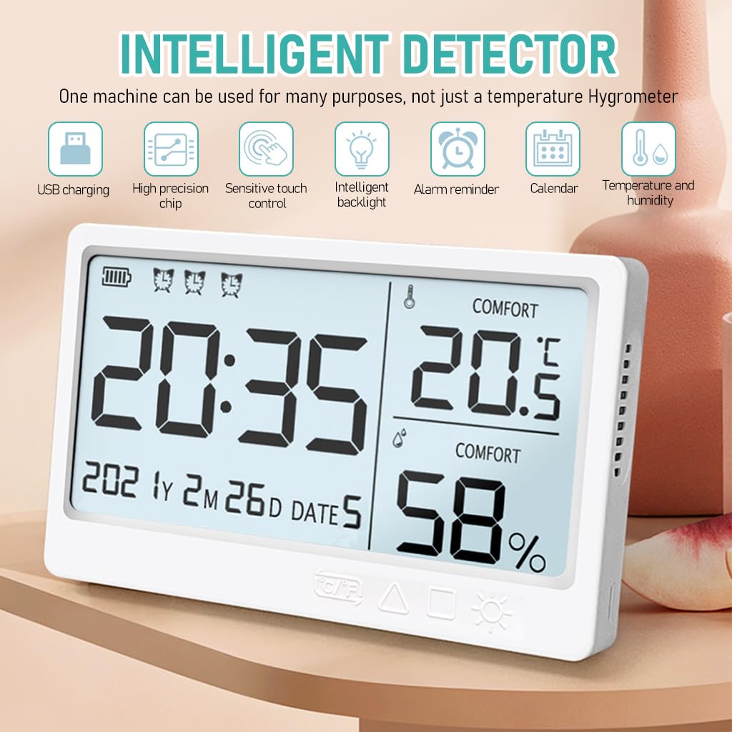 HASTHIP LCD Digital Thermometer Hygrometer Backlight 5'' LCD Digital Temperature USB Rechargeable Hygrometer Gauge Accurate Humidity Meter for Kitchen, Bed Room, Office, Green House