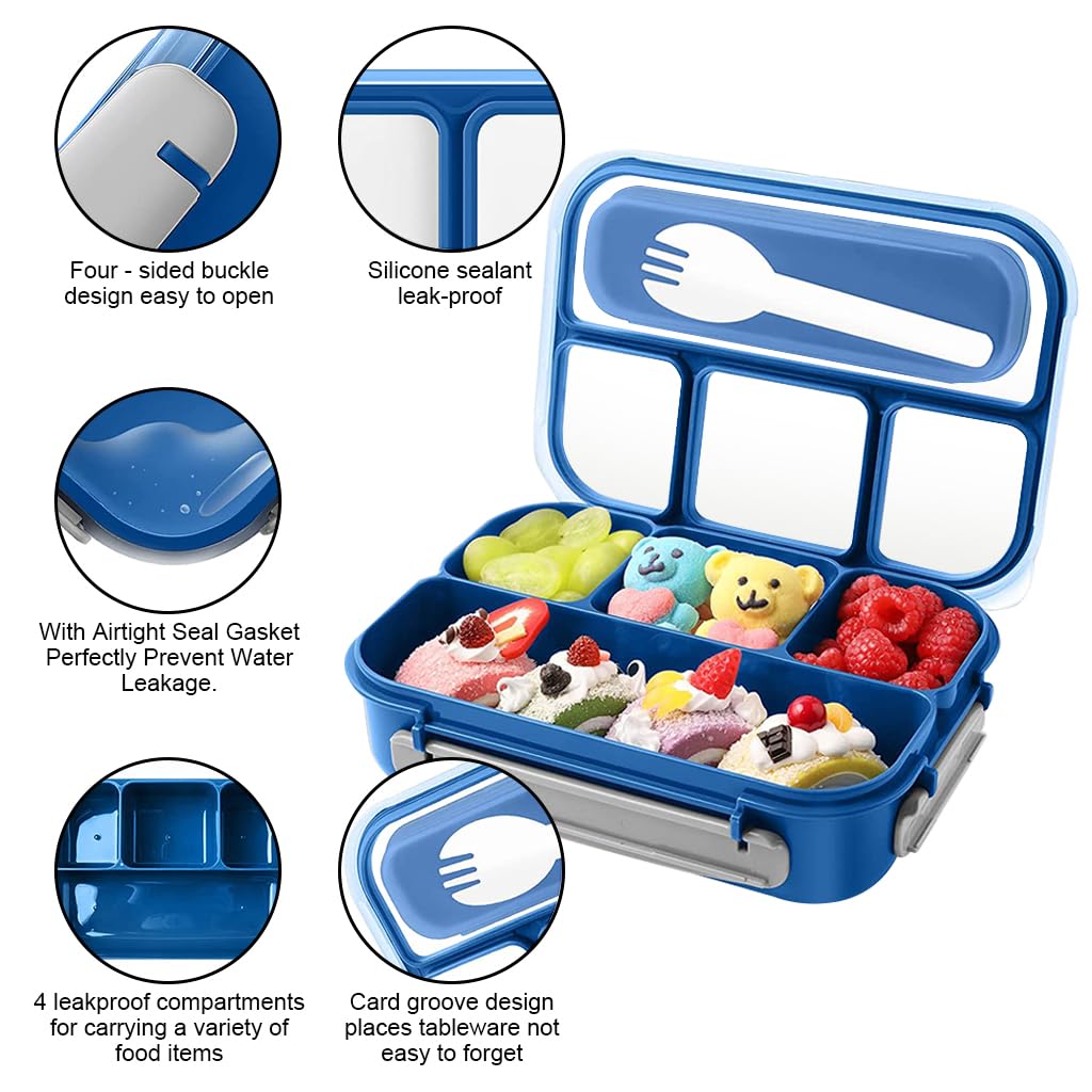 Supvox Lunch Box for Kids School Bento Box for Kids 4 Compartments Bento Box Fruit Box for Kids to School, with 4 Samll Cups, Kids Fruit Picks, Mini Sauce Box, School Lunch Box for Kids, Blue