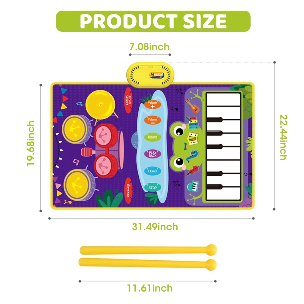 PATPAT Musical Mat for Kids 31.4x19.6 inch 2 in 1 Baby Piano Play Mat & Drum Musical Mat for Kids Musical Toys with 2 Drum Sticks Early Educational Toys Gifts for 1/2/3/4/5/6 Year Old Boys Girls