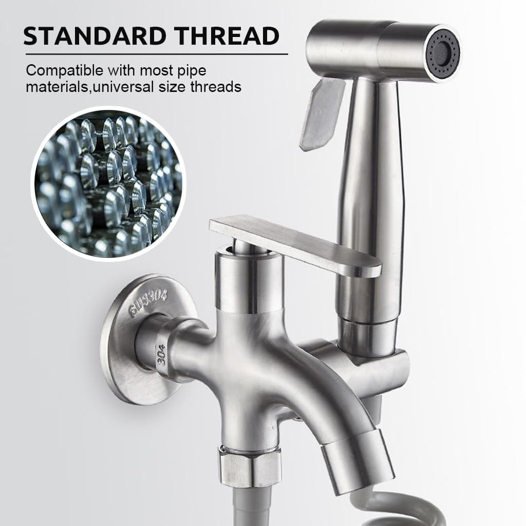 HASTHIP Dual Outlet Washing Machine Tap and Gardening Faucet with Sprayer Holder, Stainless Steel Faucet Quarter Turn Bibcock Water tap for Gardening Water System Laundry Machine Faucet