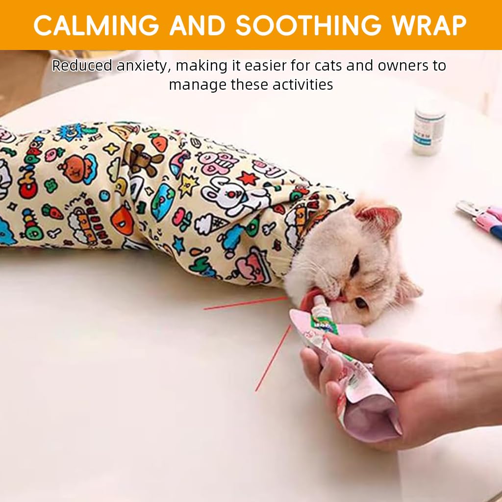 Qpets Cat Swaddle, Magic Snap Closure Cat Swaddle, Soothing Cat Wrap Cute Cartoon Print Cat Swaddle Cat Grooming Use Owner Protection Anti-Scratch Cat Swaddle, 45cmx45cm