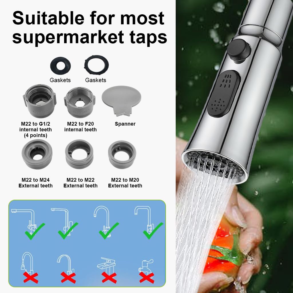 HASTHIP 360° Swivel Tap Extender for Kitchen Sink, Kitchen Tap Extension with 3 Flow Modes Tap Faucet, Kitchen Sink Tap Wash Basin Taps Water Saving Splash Proof Faucet Replacement Faucet Tap Adapter