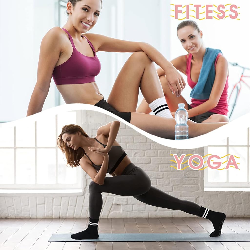 Proberos 2 Pair Yoga Socks for Women, Cotton Anti Skid Socks for Yoga/Pilates/Dance/Ballet, Anti Bacterial and Breathable Pilates Crew Socks for Daily Use, Home Workout