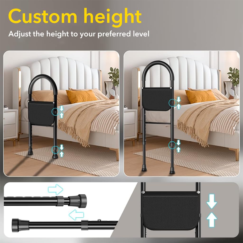HANNEA Medical king Bed Assist Rail with Adjustable Heights - with Storage Pocket - for Seniors with Hand Assistant bar - Easy to get in or Out of Bed Safely