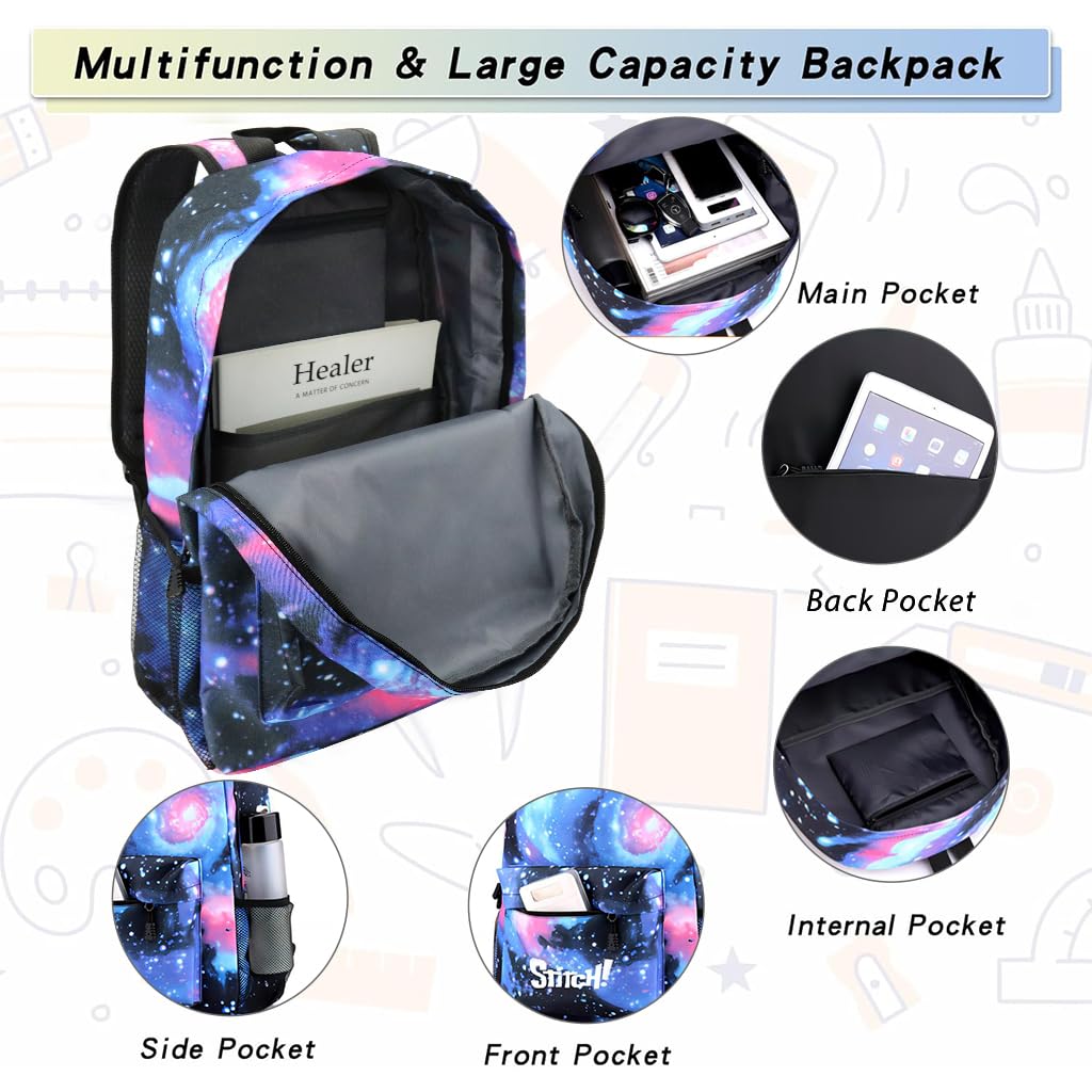 PALAY School Backpack Set of 3Pcs Students School Backpacks Casual Messenger Bag & Pencil Pouch Fashion Cartoon Stitch Print School Backpack Shoulder Bag Book Bag Birthday Gift for Kids