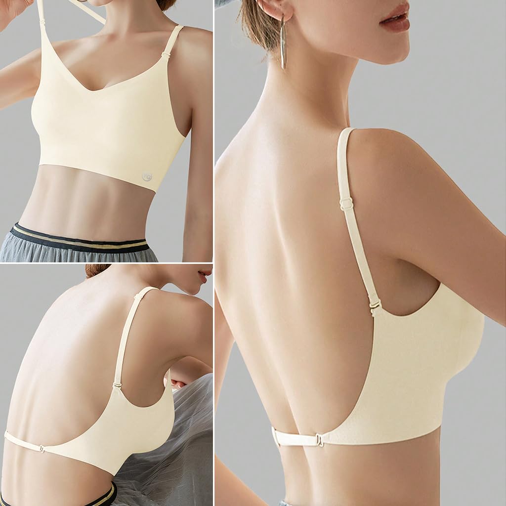 PALAY Women's Low Back Seamless Bras Backless Multiway Convertible Adjustable Strap Halter Lifting Bra Spaghetti Strap Wire-Free with Padded Removeable, Beige, L