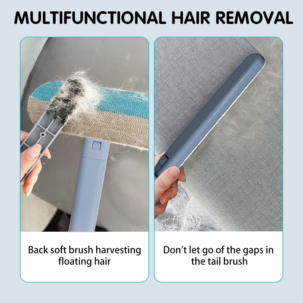 Qpets Cat Brush Dog Comb, 3 In 1 Pet Hair Remover Brush with 2 Intergrated Cleaning Brushes, Reusable Long Handle Pet Brush Dust Cleaning Roller for Sofa, Carpet, Couch, Bed Sheet
