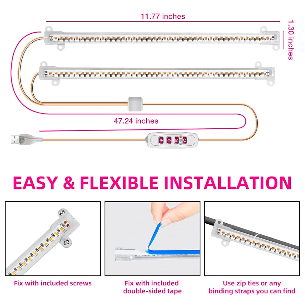 Qpets LED Grow Lights Bars for Indoor Plants, Full Spectrum Strips Auto ON/Off, 8/12/16H Timer, 5 Dimmable Levels High Output USB 5V Grow Lamp Hydroponics Seedling Flower Starting(Pink Purple)