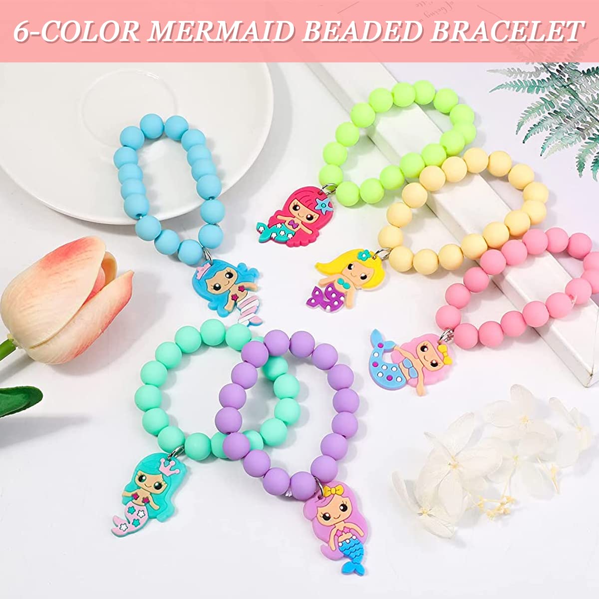 SANNIDHI 6 Pack Beads Bracelet for Girls Stylish Friendship Bracelets for Kids, Candy Color Mermaid Charms Best Friend Bracelet Set Jewellery Gift