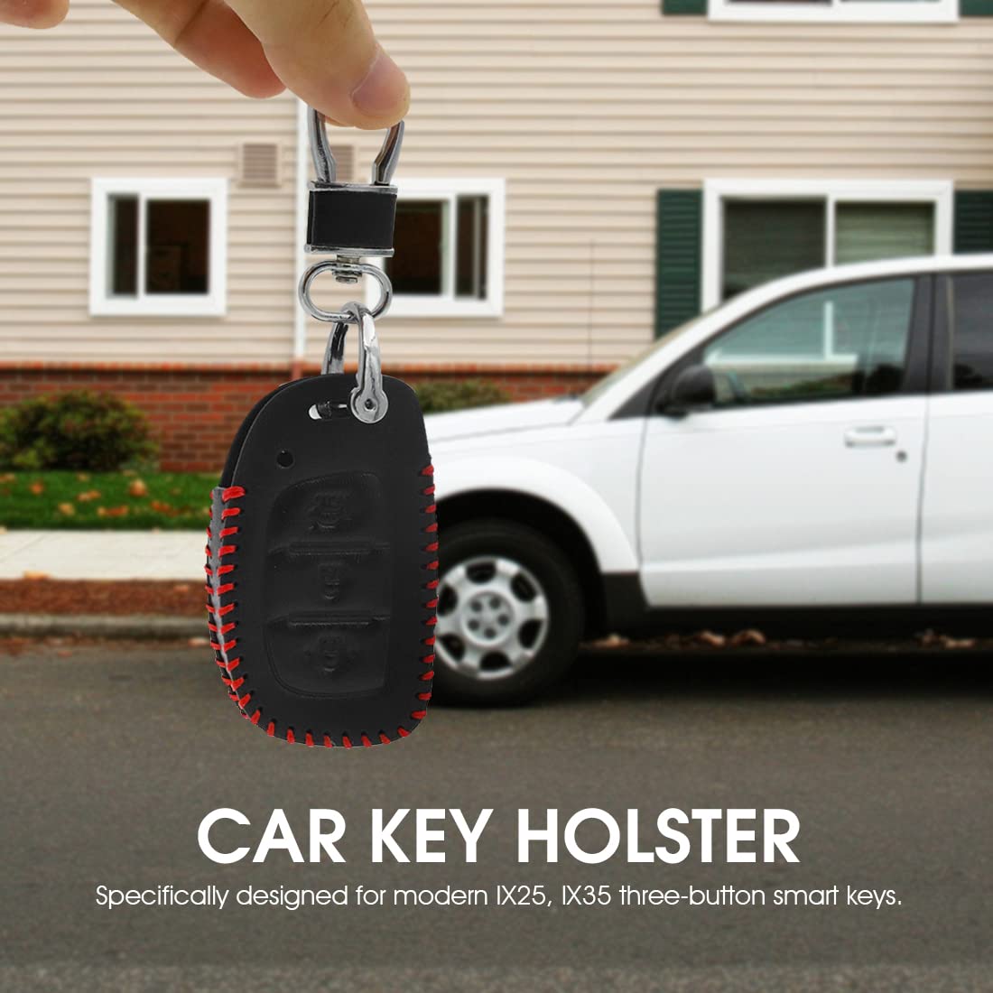GUSTAVE Car Key Case, Soft Leather Key Cover for Hyundai 3 Button Smart Key with Keychain (3 Button Smart Key, Black)
