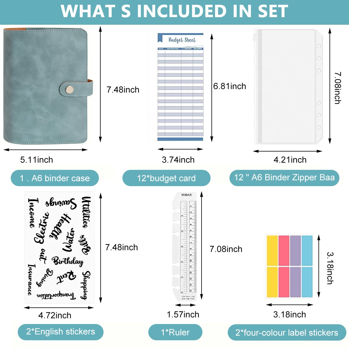 HASTHIP File Folder Ring Binder Notebook Set, A6 PU Leather Binder Clip with 12 Envelopes, 12 Budget Sheets, 2 Label Stickers, 1 Ruler, Ring Binder Clip Stationery Supplies (Blue)