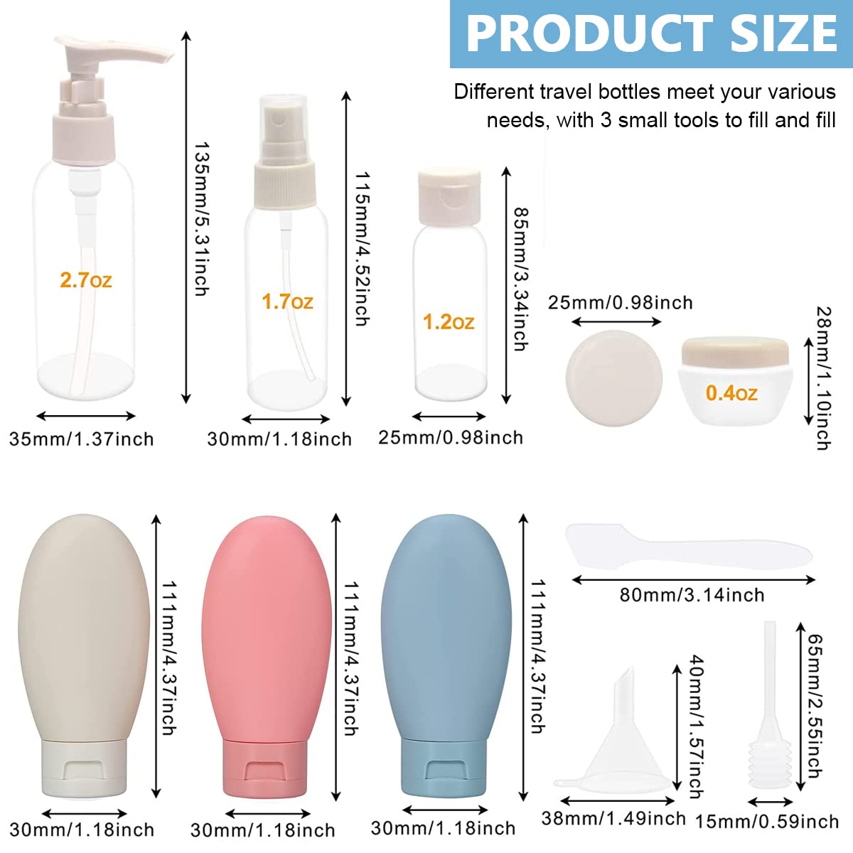 MAYCREATE 11pcs Travel Bottles for Toiletries, Refillable Travel Containers for Toiletries Cream Jars Spray Bottle Kit for Lotion, Shower Gel, Shampoo, Hand Sanitizer
