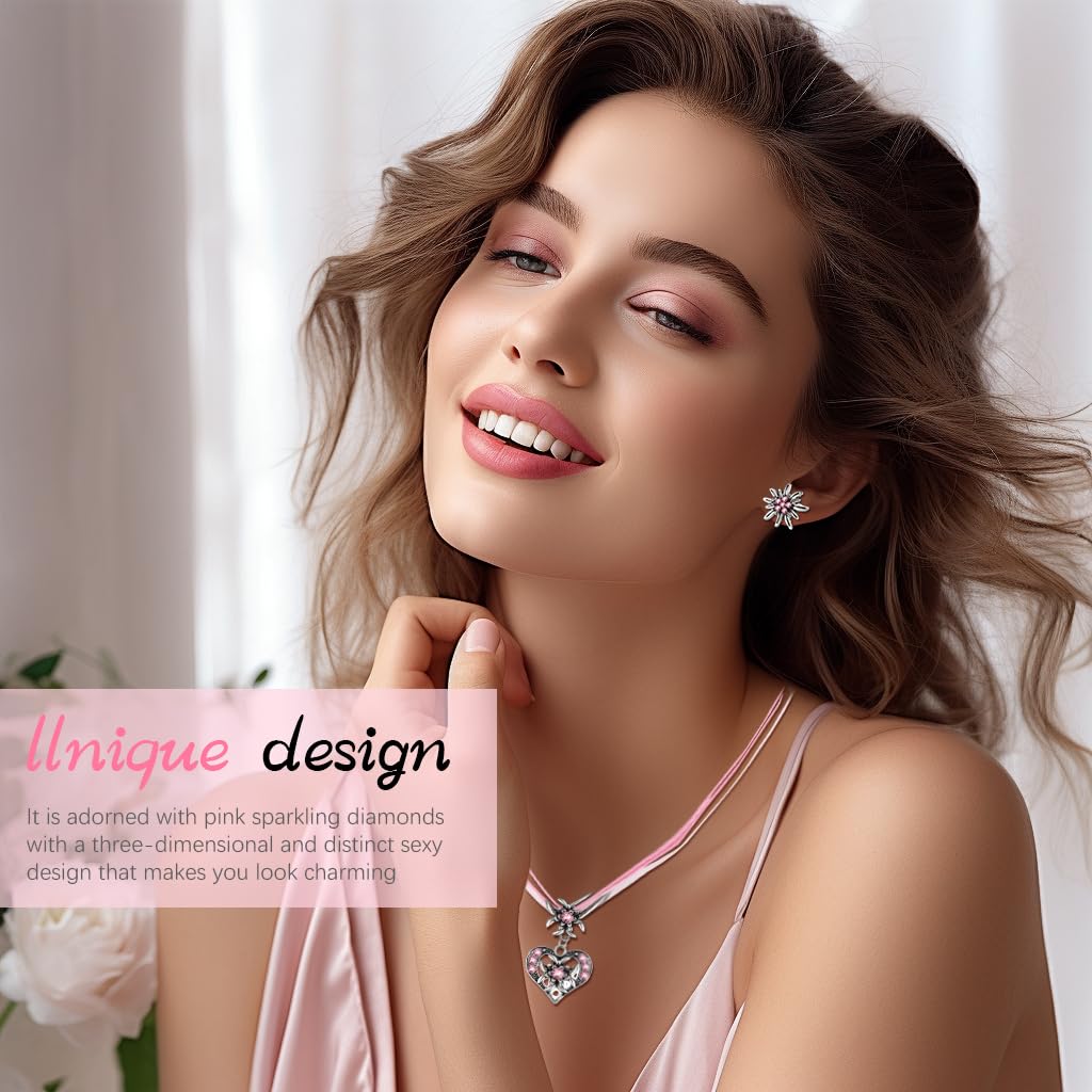 SANNIDHI Set of 3 Women Necklace Jewelry Set Vintage Baroque Pink Heart Necklace Earstuds Jewelry Set Rhinestone Embellishment Charming Necklace Earstuds Jewelry Gift Christmas Gift for Women