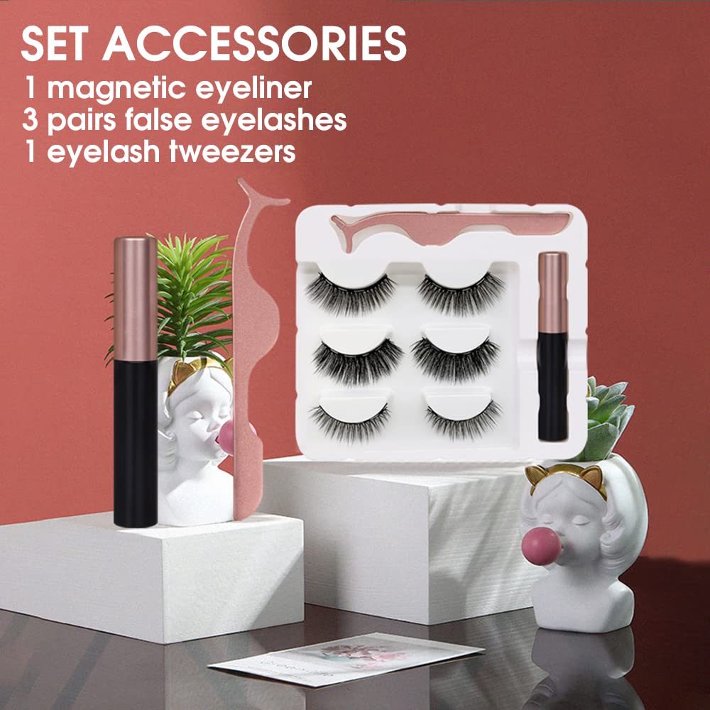 MAYCREATE Magnetic False Eyelash and Eyeliner Kit, 3D Faux Eye Lashes Natural Reusable Lashes, with One Application Tweezer Set No Glue Needed Eyelashes Kit Tools (3 Pairs)