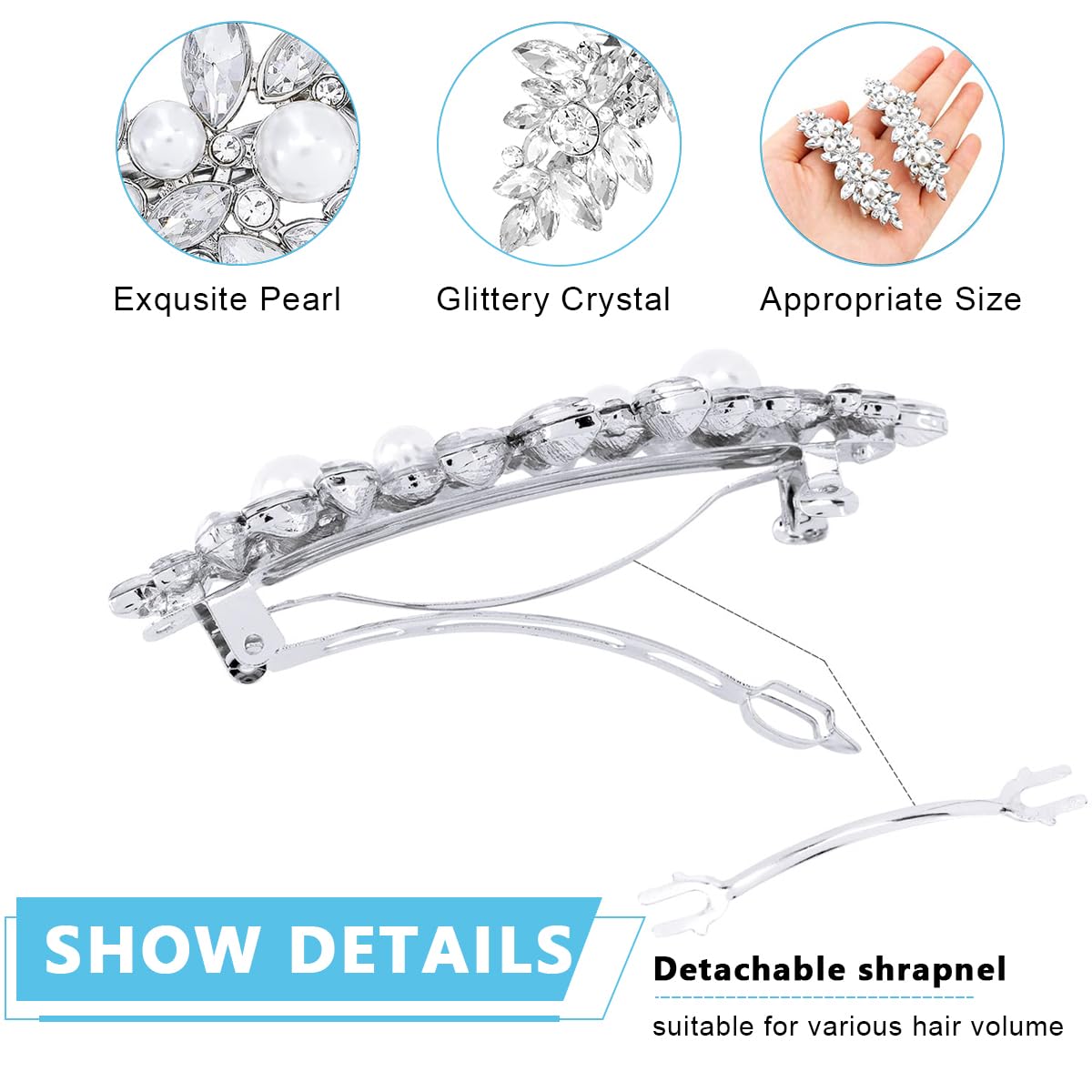MAYCREATE 2pcs Rhinestone Hair Clips for Women Stylish Pearl Crystal Hair Pins, Silver Bridal Bun Hair Accessories for Daily, Party, Wedding