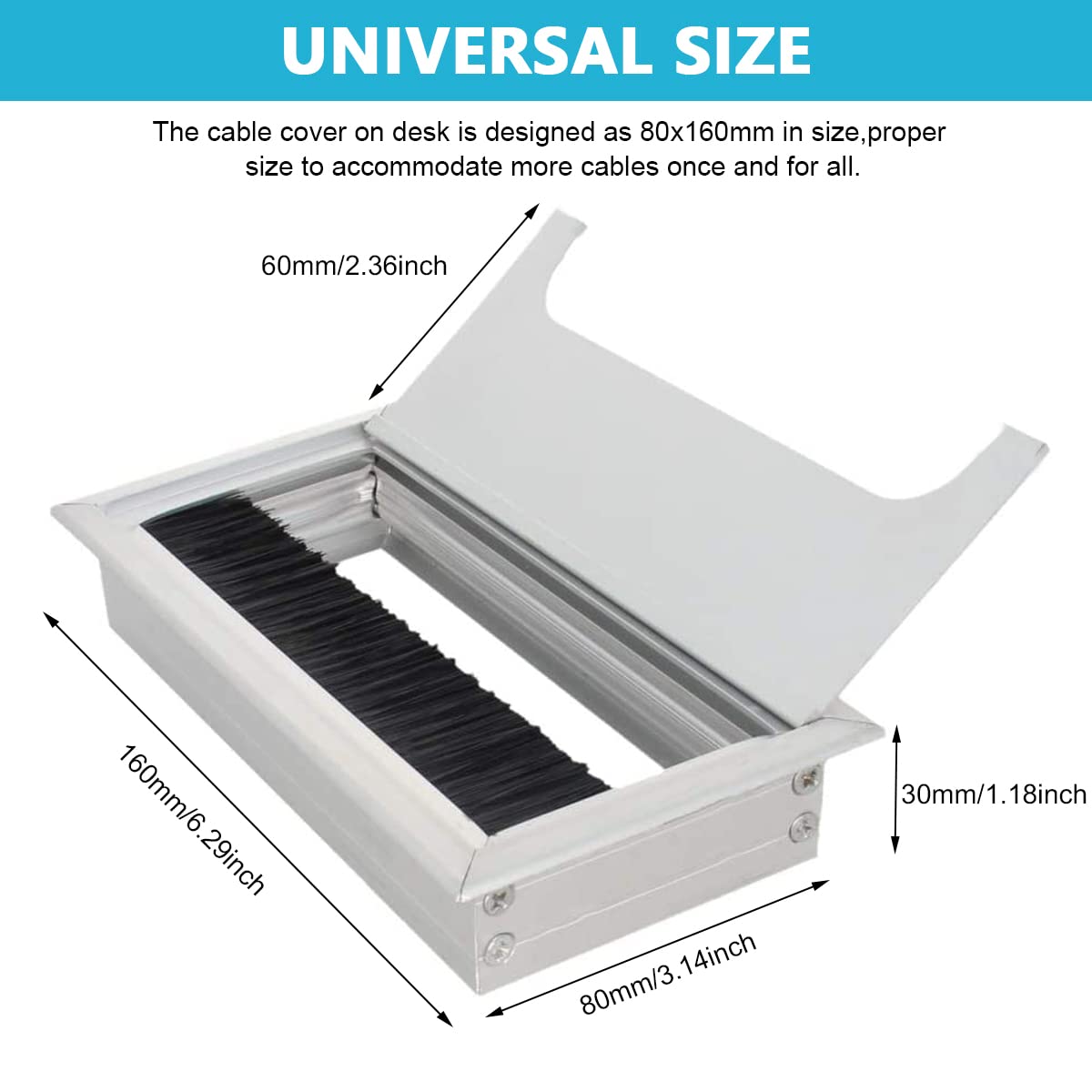 HASTHIP Rectangular Wire Cable Hole Cover with Dust-Proof Brush, Aluminum Metal Cable Organizer, Wire Manager for Table, Desk Hole Cap for Office and Computer Desks (160mm*80mm, Silver)