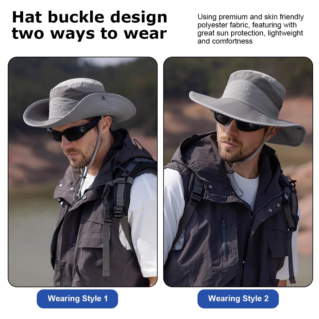 GUSTAVE Bucket Hat Summer Cap - UPF 50+ Sun Protection, Adjustable Wide Brim, Breathable Mesh, Unisex Design For Beach, Camping & Fishing, Flip-Up Option, Gray