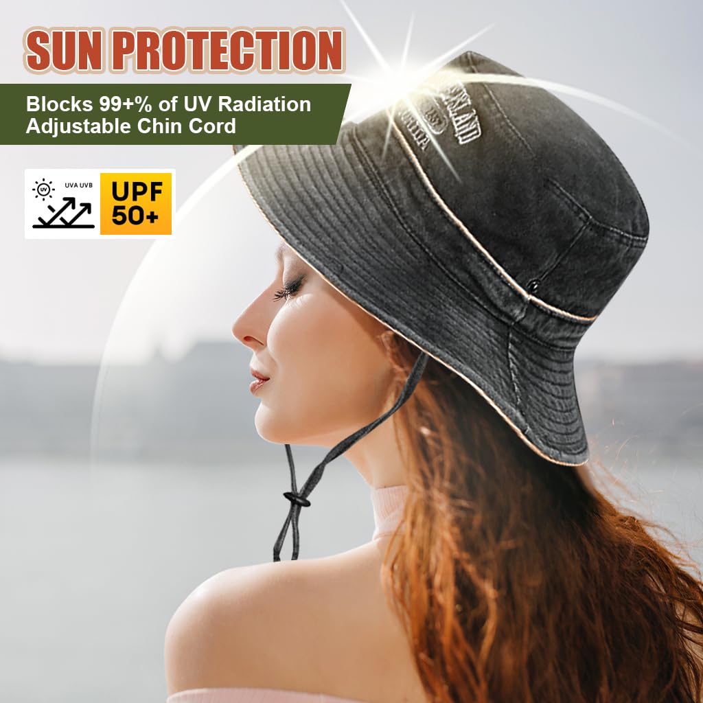 PALAY Cowboys Bucket Hat for Women and Girls Stylish Breathable Wide Brim Sun Hats for Women Letter Embroidery Beach Hat for Women Summer for Outdoor, Travel, Camping, Picnic Black