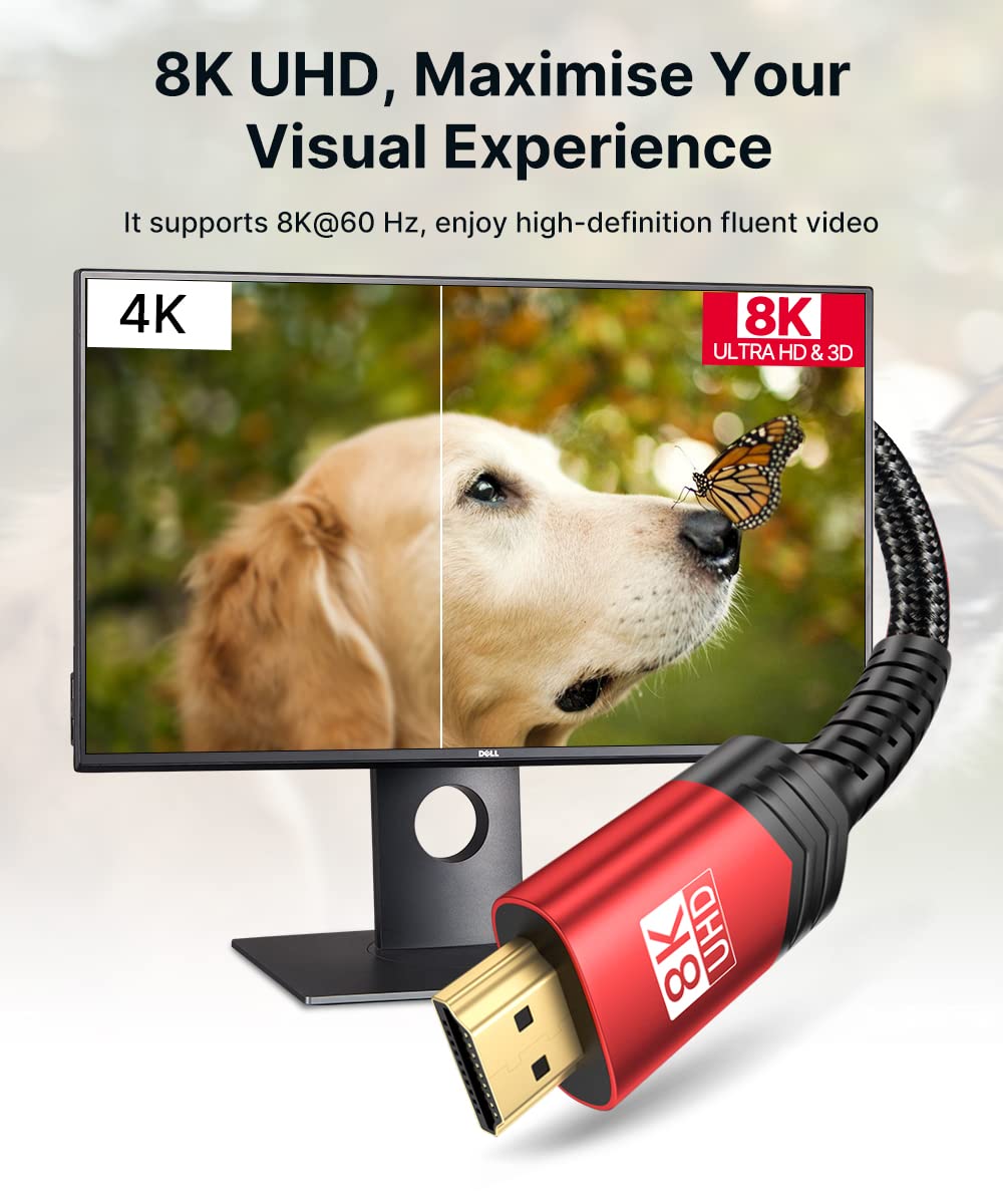 JSAUX 10K 8K HDMI Cable 2.1 2 Pack 6ft, JSAUX 48Gbps Ultra High Speed HDMI Cable Braided Cord, 4K@120Hz, 4K@144Hz, 8K@60Hz, HDCP 2.2&2.3, HDR 10, eARC,ARC Compatible with Dolby PS5 Monitor