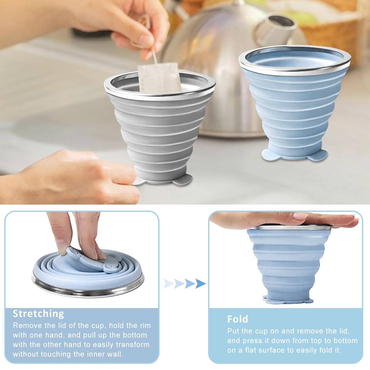 HASTHIP Silicone Water Cups with Lid Collapsible Cups 180ML Travel Baby Cups Food Grade BPA-free Silicone Food Containers Baby Snack Cups Multipurpose Cups Food Containers for Water, Snack, Fruits