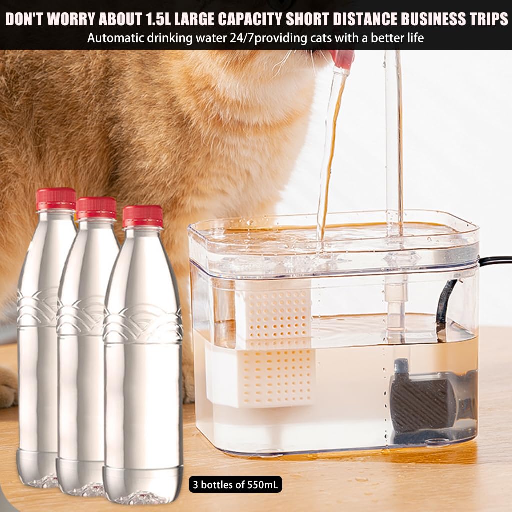 Qpets 1.5L Cat Water Fountain for Cats, Dogs, Ultra Quiet Stylish Transparent Cat Drinking Fountain, Food Grade PET Automatic Pet Water Fountain