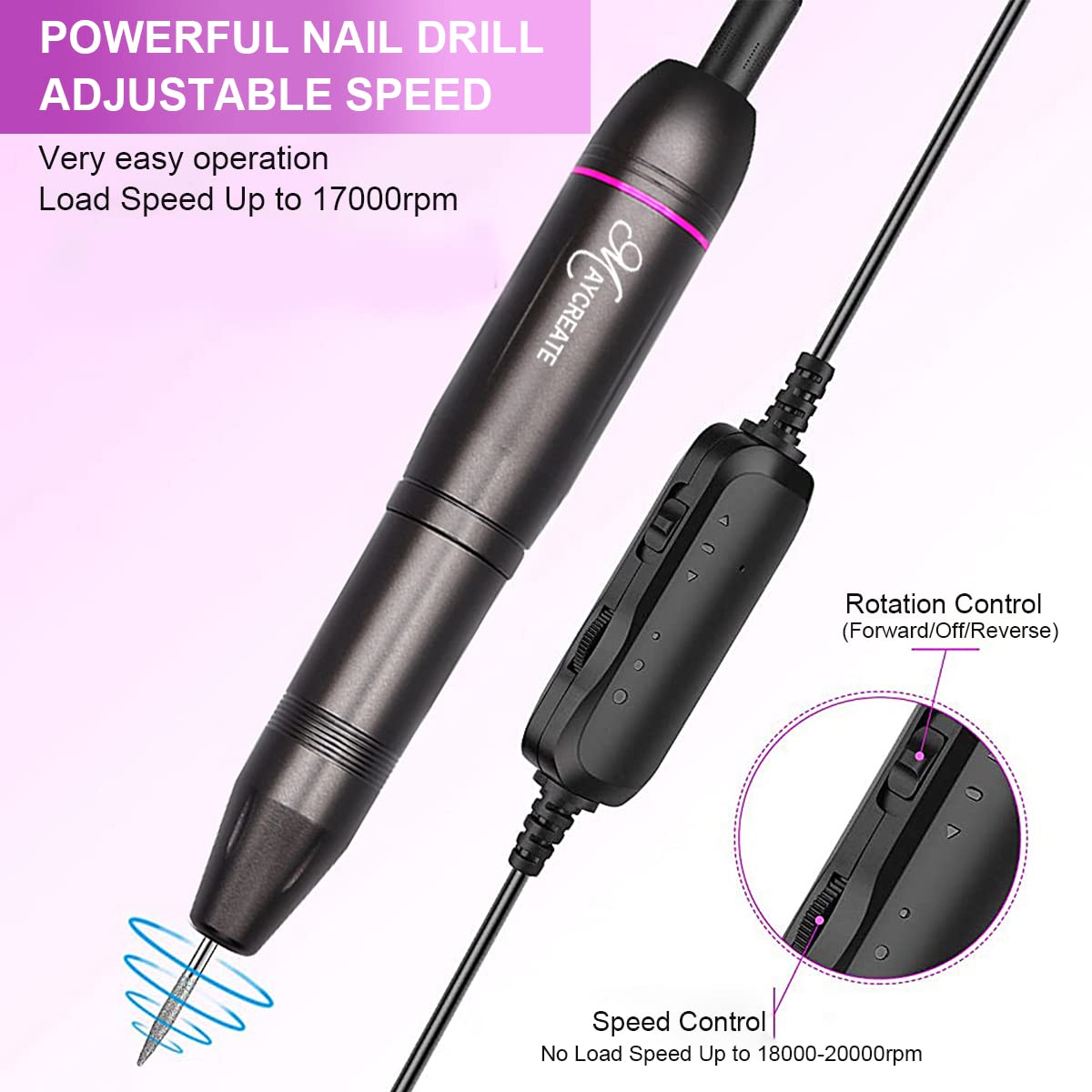 MAYCREATE Nail Drill Machine Professional, 20000rpm Adjustable Electric Nail Filer Machine with 25pcs Accessories, Portable Manicure Pedicure Kit for Women, Nail Salon, Acrylic Gels Callus Removal
