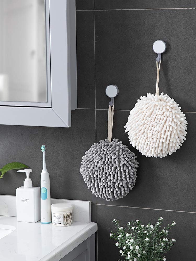 Supvox 2 Pcs Fuzzy Ball Hand Towel Soft Fast Drying Bath Hand Balls Towels Microfiber Hand Towel Set for Bathroom Kitchen (White and Gray)